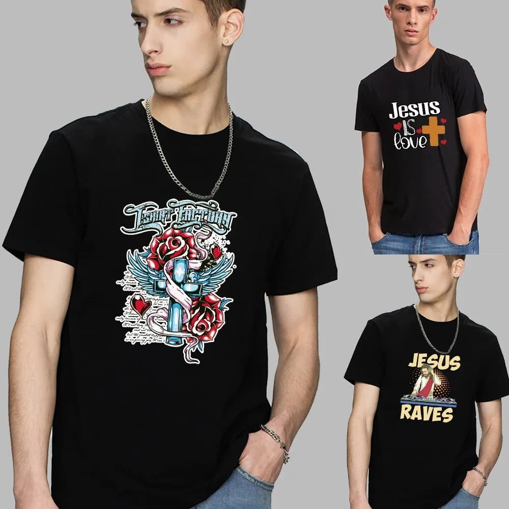 Fashion Men's Black T-shirt Print Pattern Series Casual Round Neck Top Comfortable  Men's Clothing