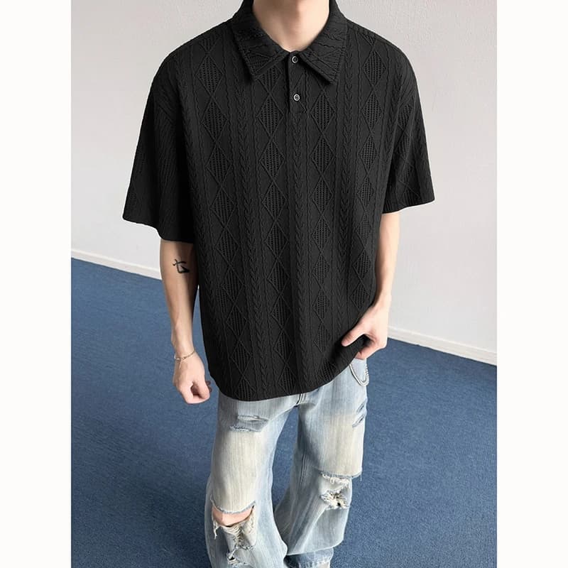 2026 Summer Men's Loose Texture Knit Polo Shirt with Breathable Collar T-Shirt