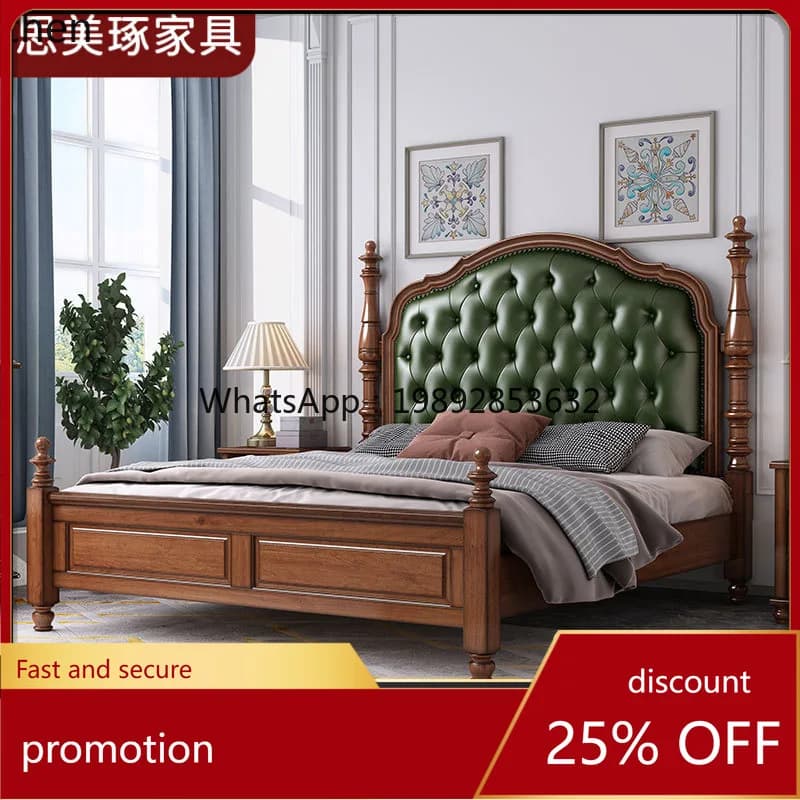 HT Solid Wood Bed High-end Villa Furniture Double Wedding Bed Light Luxury 1.95m Storage Bed European Modern