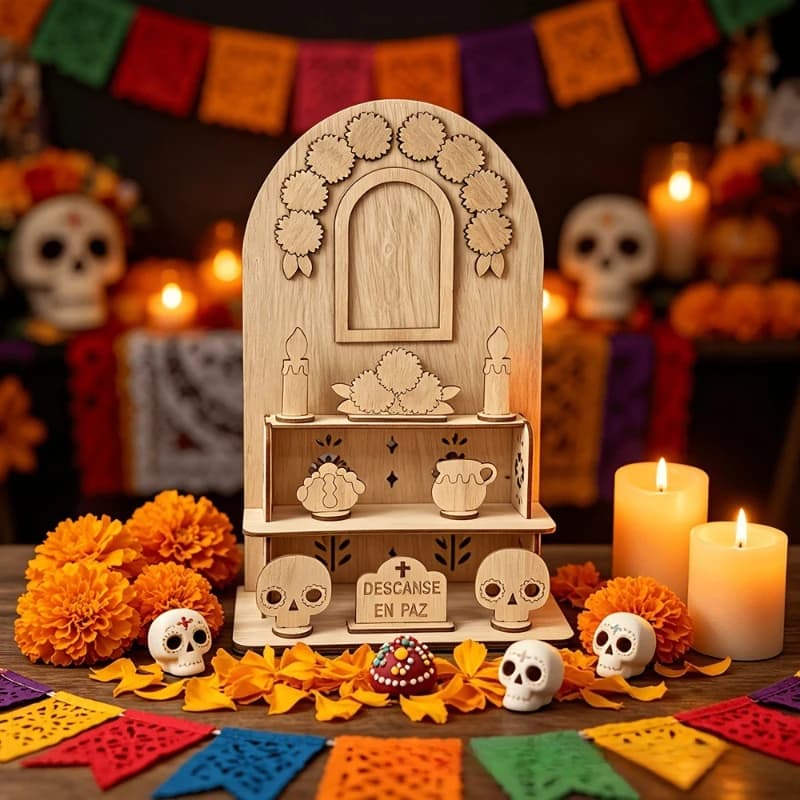 Wooden Day of the Dead Decor Box – DIY Assembly Halloween Altar Ornament, Ghost Festival Display Piece