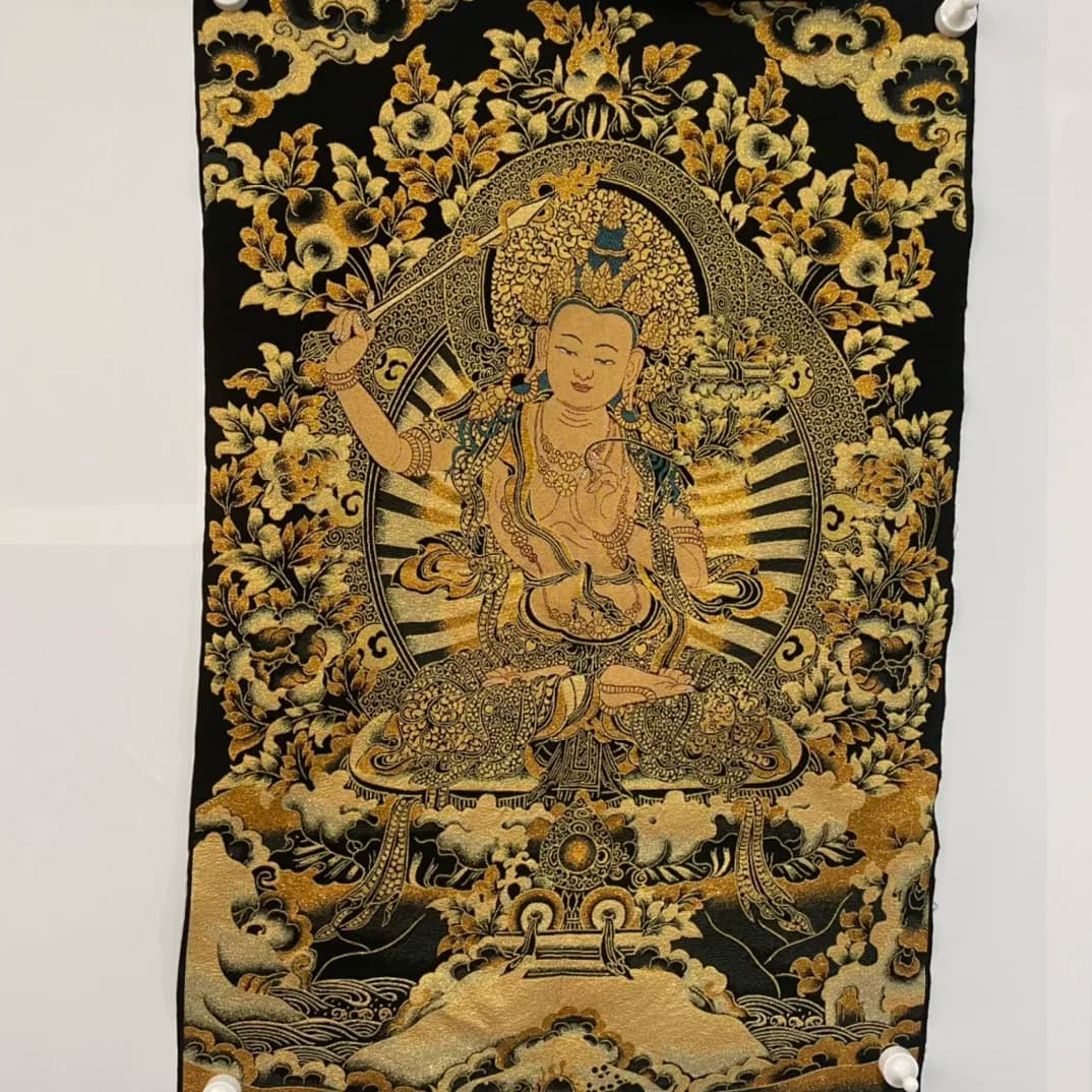 35' Thangka Embroidery Tibetan Buddhism Silk Embroidery Brocade Nepal Manjushri Bodhisattva Buddha Thangka Hanging Panel