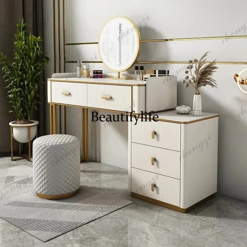 Nordic Light Mirror Vanity Table Stool Storage Drawers Modern Makeup Dressing Table Aesthetic Schminktisch Bedroom Furniture