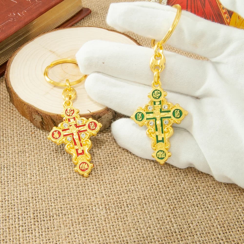 HTISOK Orthodox Cross Alloy Gold Plated Key Chain Holy Religious Mini Jesus Icon Crucifix Pendant Cross Keychain Wholesale