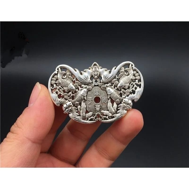 Tibet Silver Copper Handmade Fish Statue Lucky Gift Ornament
