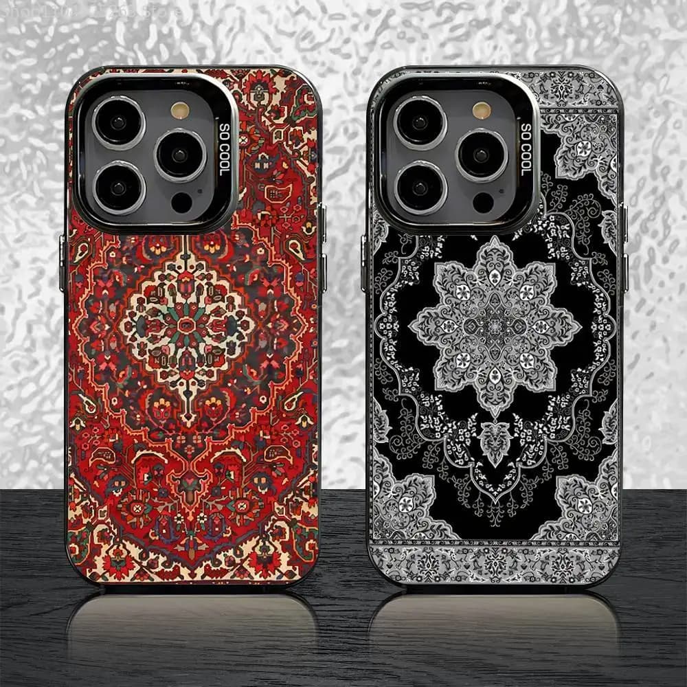 Persian Carpet Style Rubber Phone Case For iPhone 17,16,15,14,13,12,11,Pro,Max,Plus,Mini,Air,SE4 Black Matte Shockproof Cover