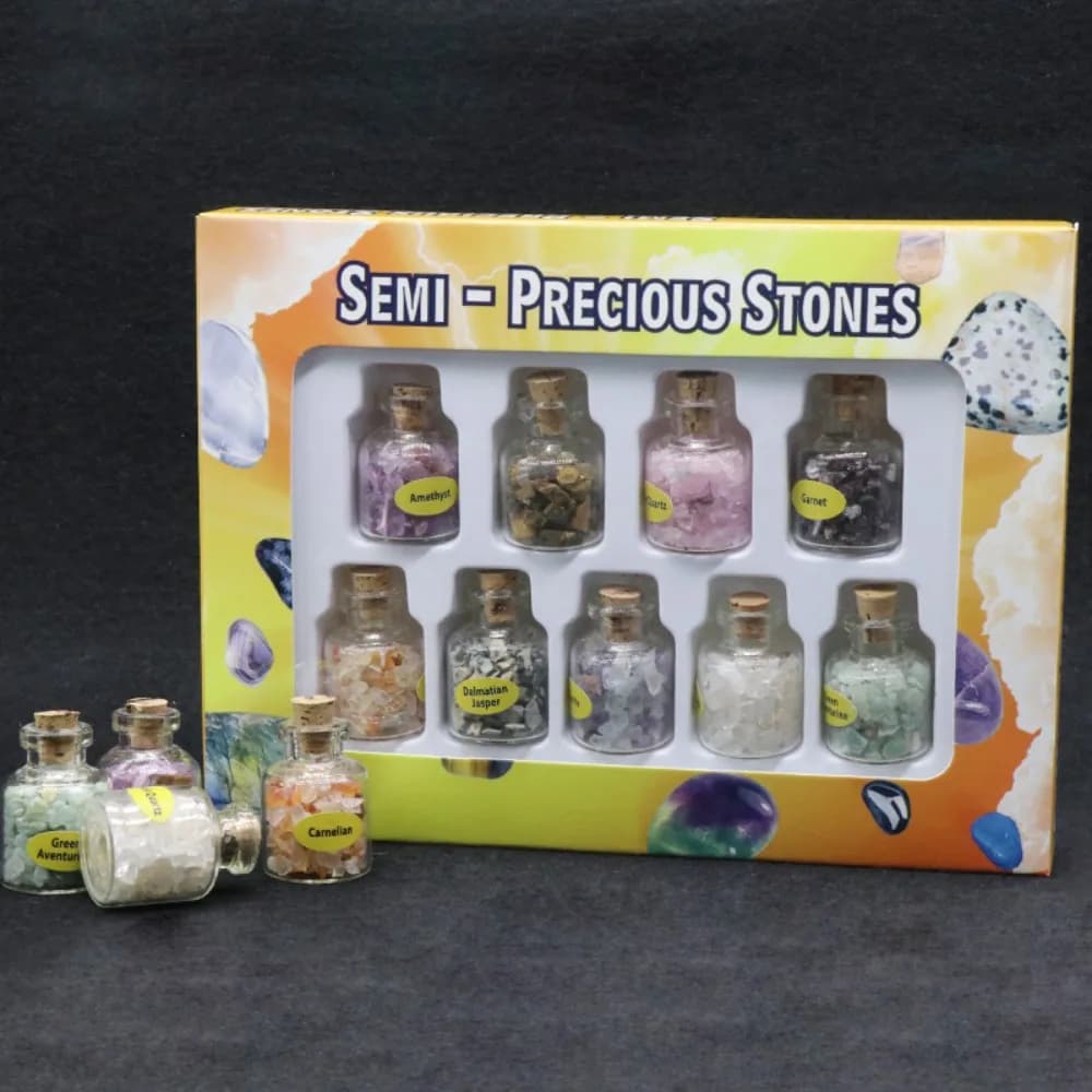 9pcs Different Mini Glass Wishing Bottles Tumbled Gemstone Agate Crystal Chips Chakra Reiki Stones Set Mineral Specimen