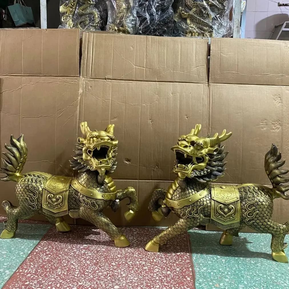 21"Tibetan Temple Collection Old Brass Kylin Statue Divine Beast A Pair Unicorn Amass wealth Ornaments Town house Exorcism