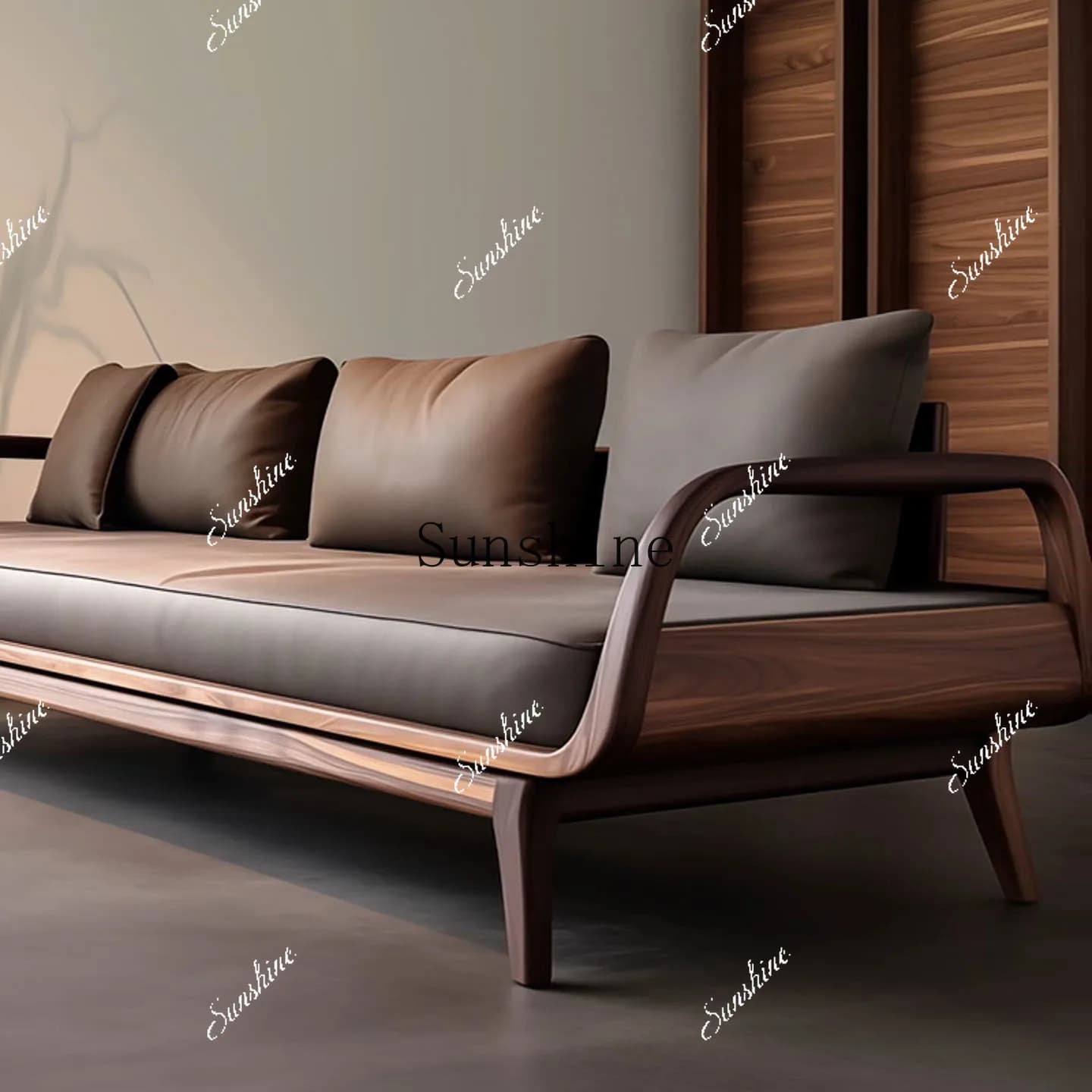 North American black walnut leather sofa combination villa living room size minimalist light luxury straight row FT