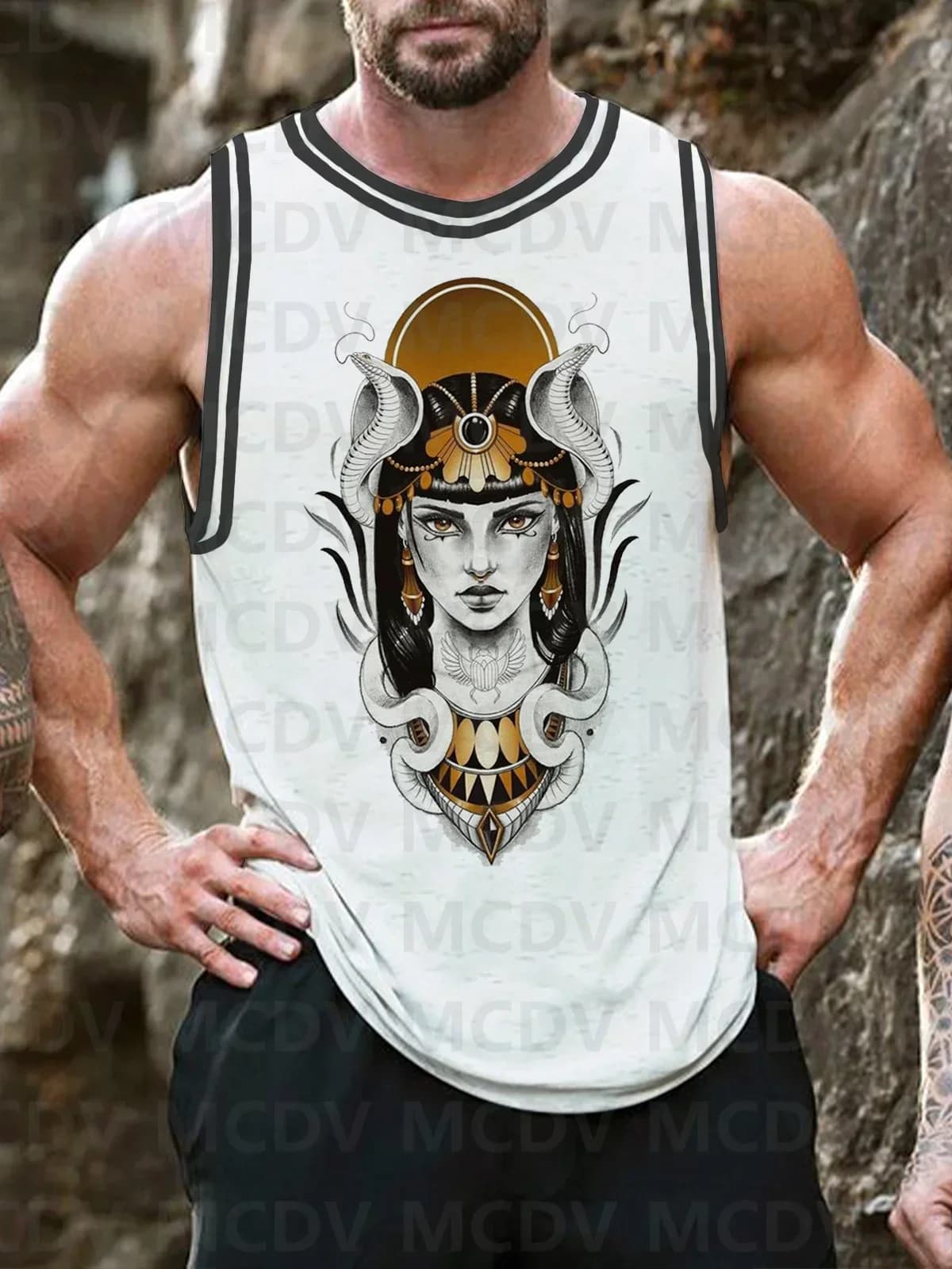 Men's Dark Green Striped Goddess Snake Retro Pattern Print Round Neck Casual Tank Top Men Summer Tops