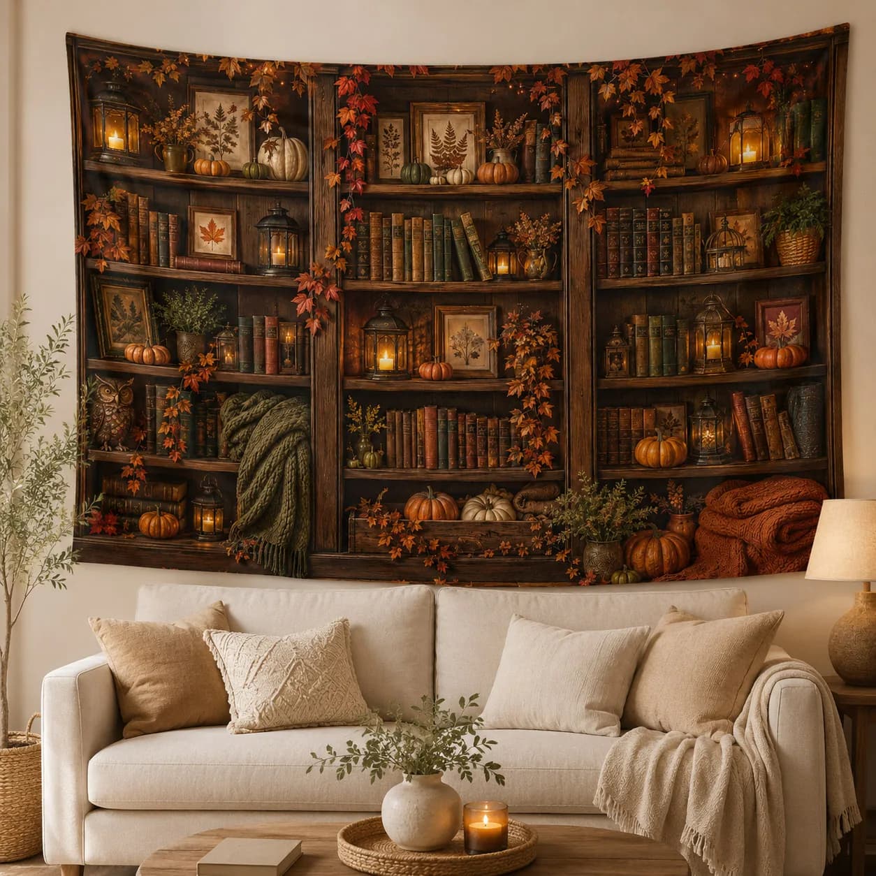 Aesthetic Autumn Pumpkin Wall Tapestry Vintage Bookshelf Wall Hanging 3D Thanksgiving Backdrop Room Decor Fabric Tapestries