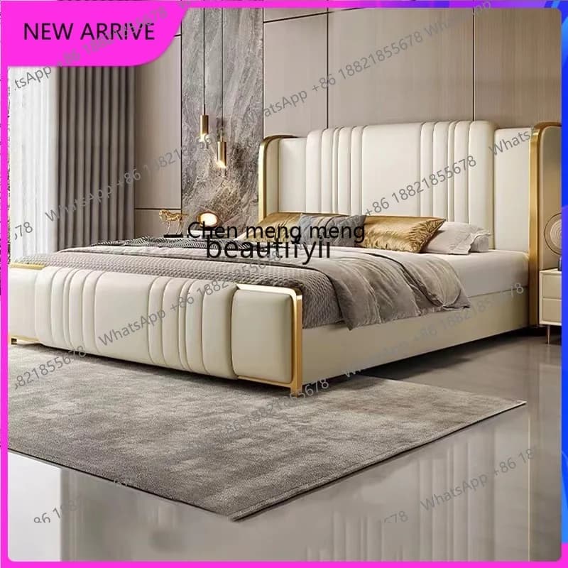 C89 Light luxury, master bedroom, big bed, leather solid wood frame bed, high-end, soft leather bed