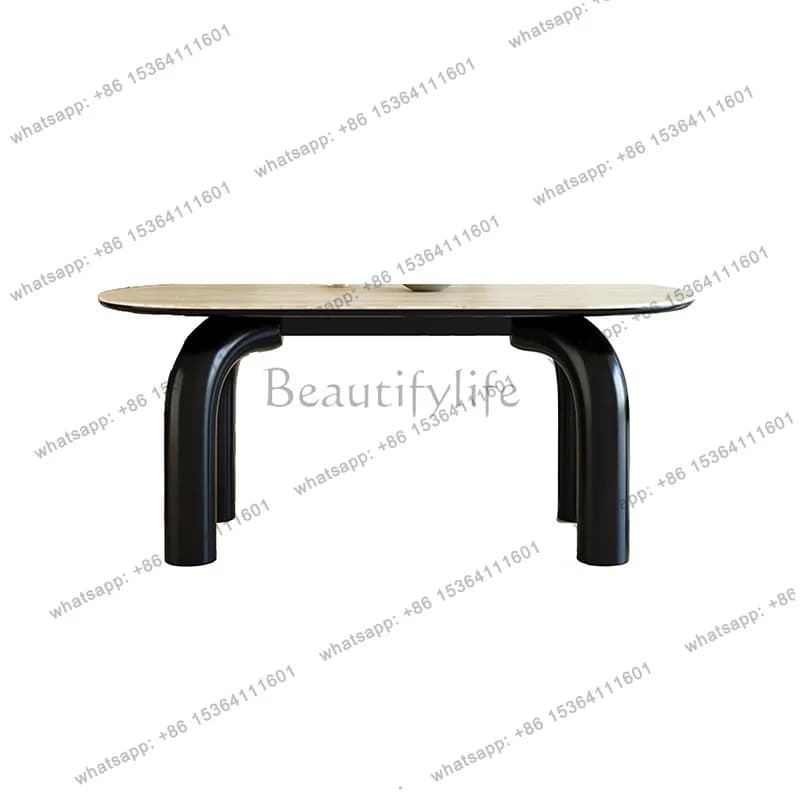 Medieval solid wood dining table Travertine rock slab black solid wood rectangular dining table