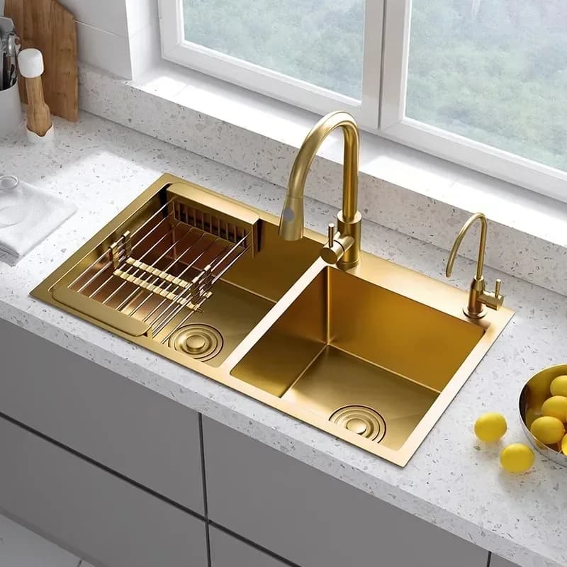 'Kitchen Sink Above Counter or Undermount 304 Stainless Steel double Bowl Golden Basket Drainer Soap Dispenser Washing Basin