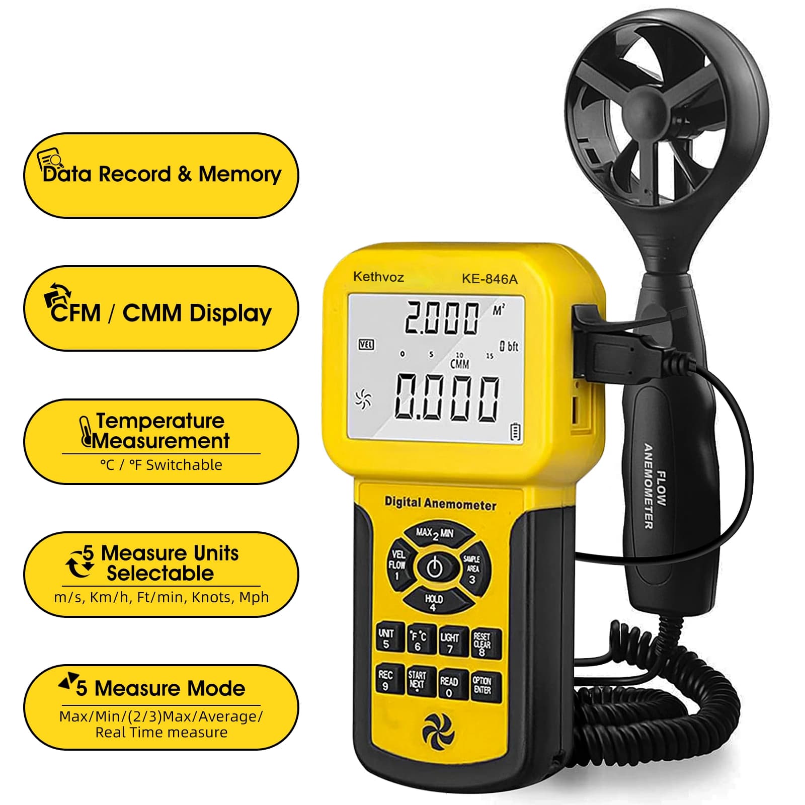 Kethvoz KE-846A HVAC Anemometer, Split Type CFM Wind Speed Meter 0.3-45m/s, Airflow Tester with Data Storage for AC System