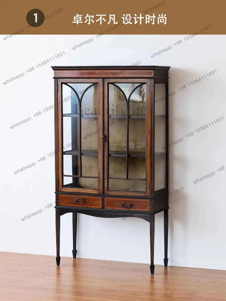 Medieval style dining side small wine cabinet solid wood living room decorative cabinet white wax advanced sense
