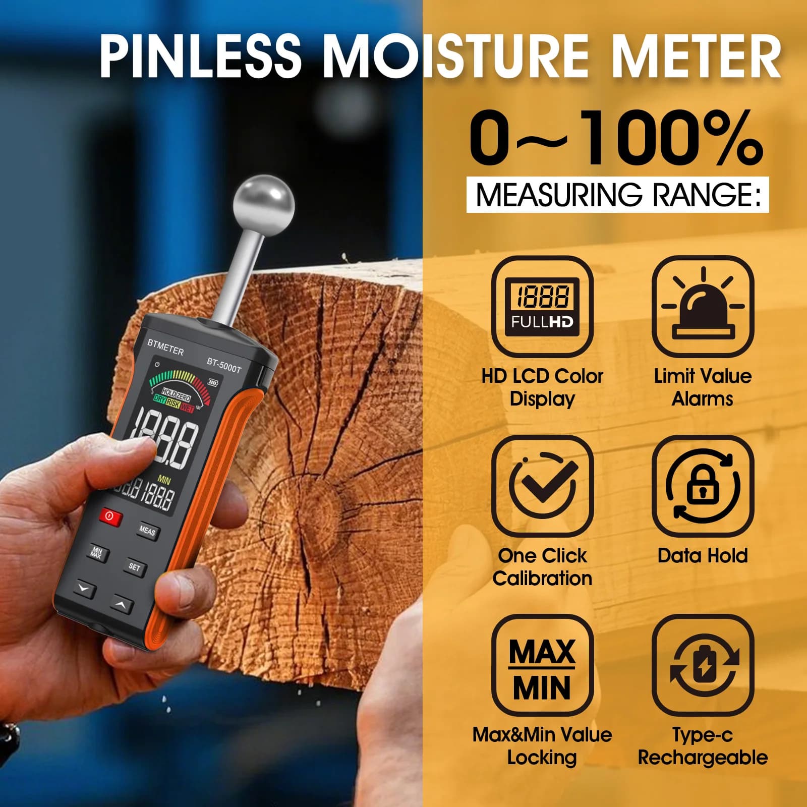 BT-5000T Moisture Tester with Colour LCD Screen and Alarm Function for Walls,Wood,Building Materials，20-40 mm Analytical Depth