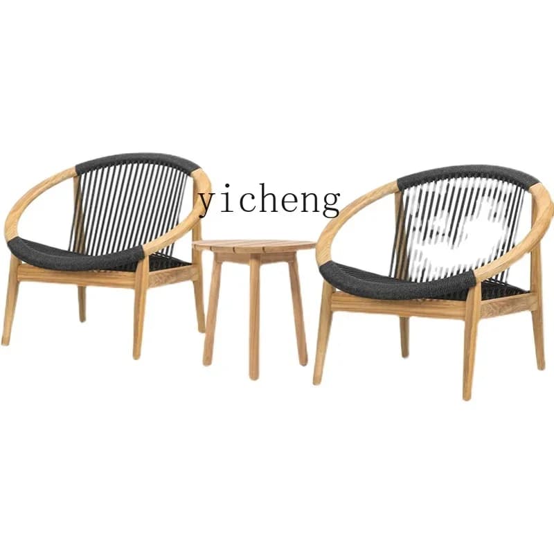 Outdoor Couch Combination Solid Wood Single Seat High Backrest Leisure Rattan Chair Balcony Small Coffee Table