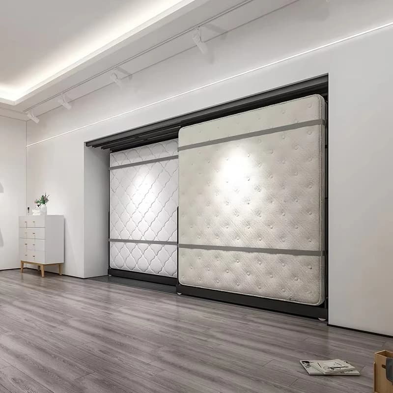 &c Custom Horizontal Pushing Rubber Mattress Sample Holder Sliding Metal Rotating Folding Mattress Rack Stand for Showroom