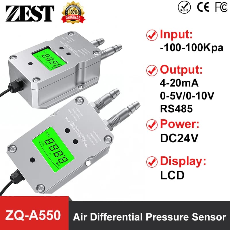 Wind Gas Air Pressure Different Sensor Transducer -100Kpa-0-100Kpa 4-20mA 0-10V 0-5V RS485  LCD Display Transmitter