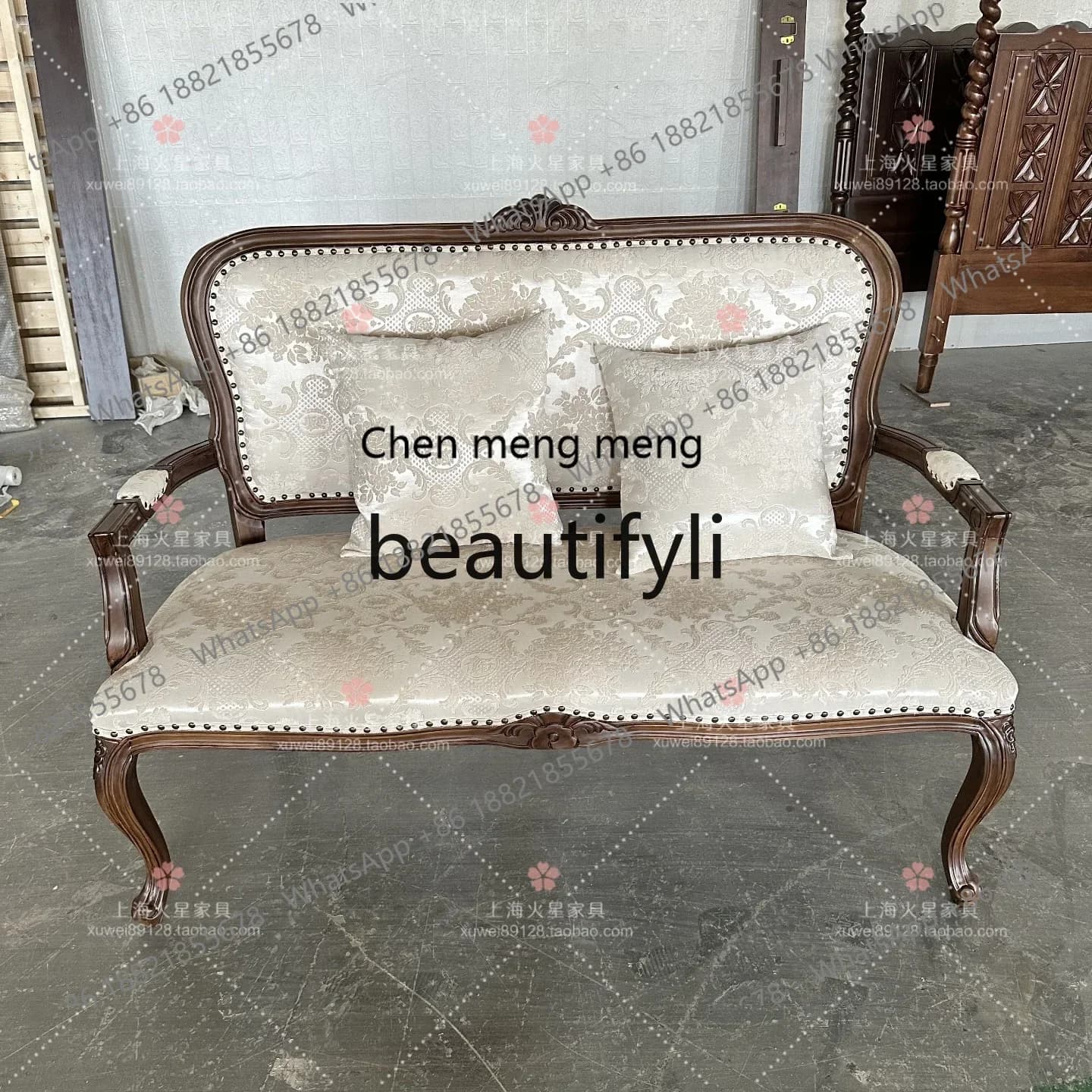 D178  French antique style solid wood carving flower double sofa retro fabric reception leisure chair