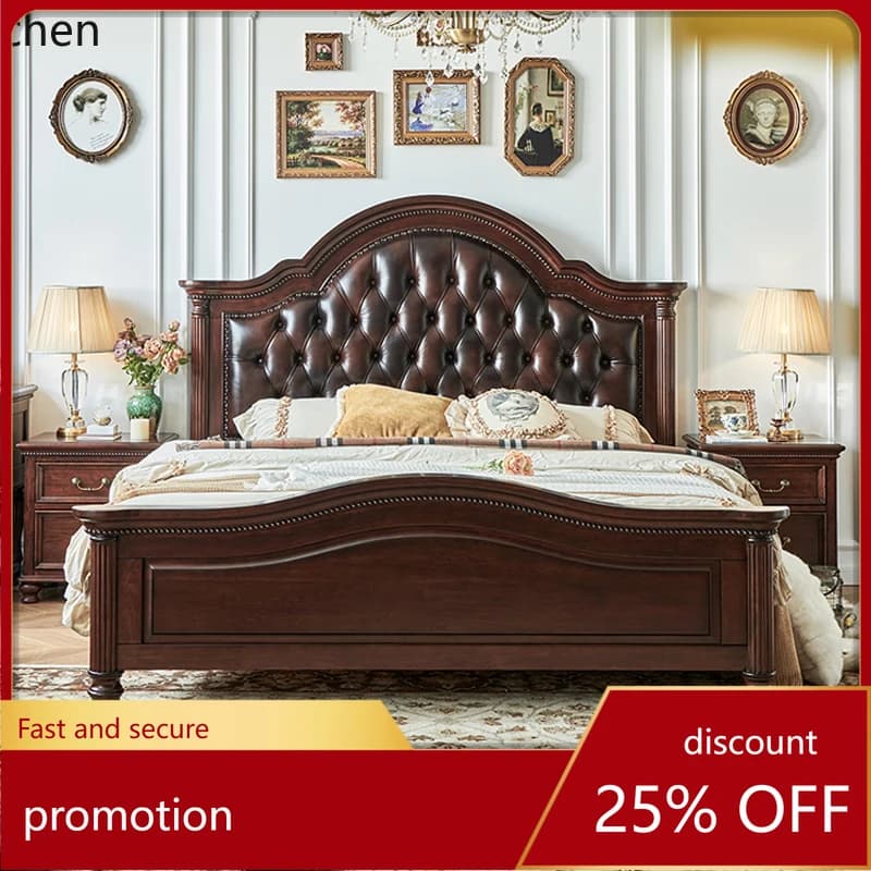 HT all solid wood cherry wood first layer cowhide leather soft bag 1.8m master bedroom bed 2m wedding bed furniture