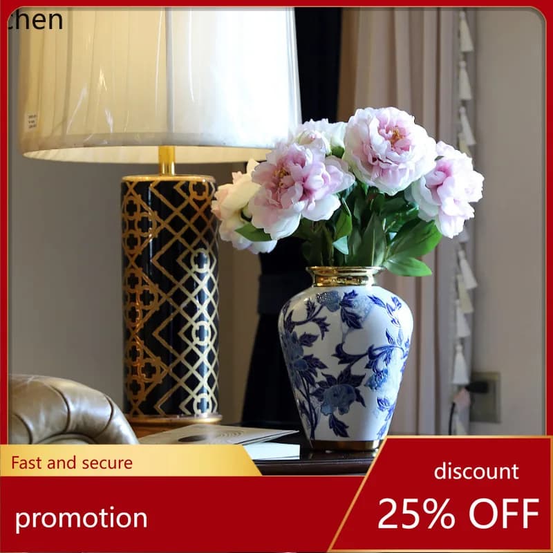 HXL Peony Embossed Blue and White Porcelain Hand-painted Ceramic Vase for Living Room Flower Arrangement Decoration