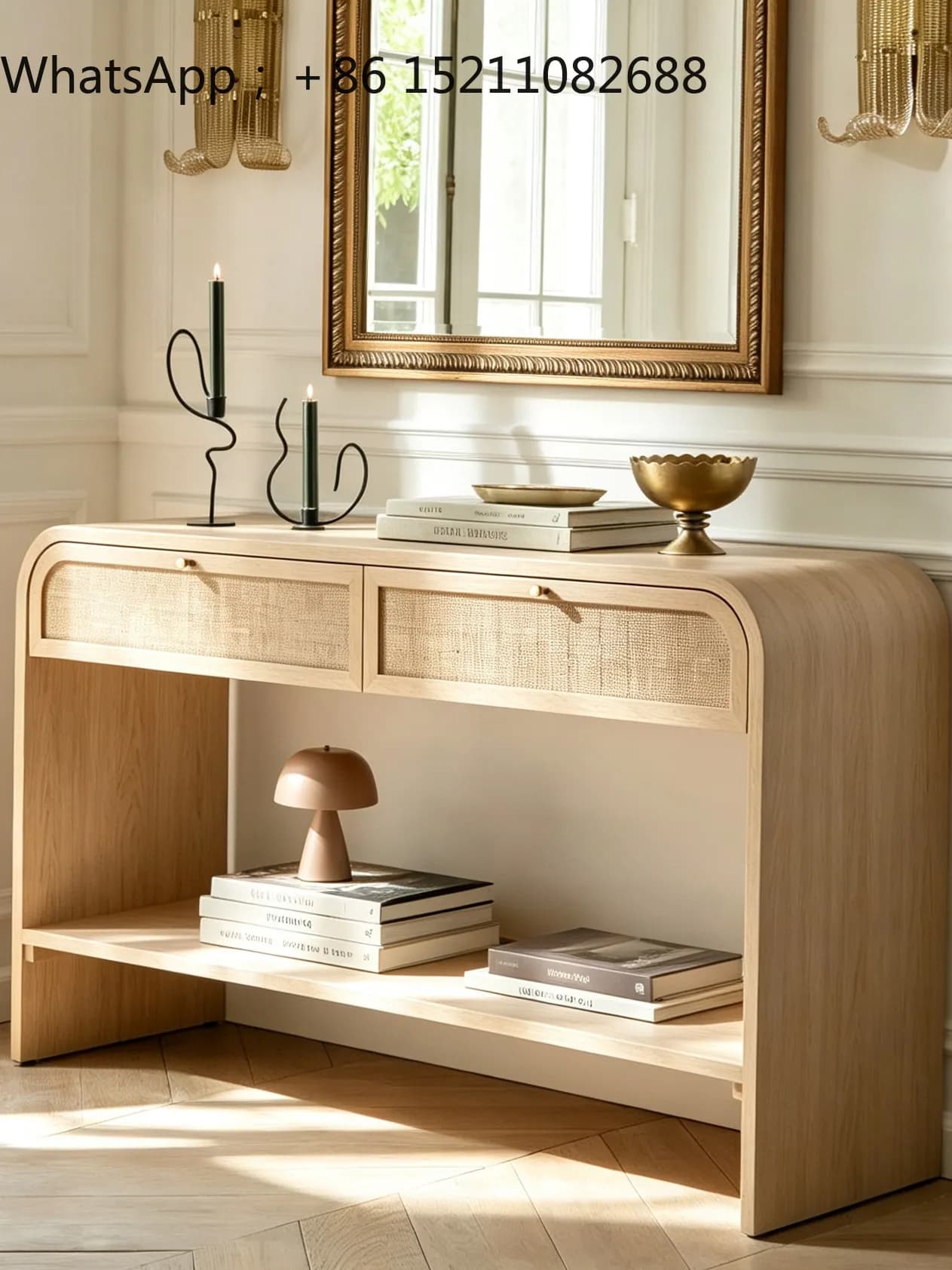 SCY solid wood porch table log style dining side cabinet wabi sandy wind rattan entrance cabinet