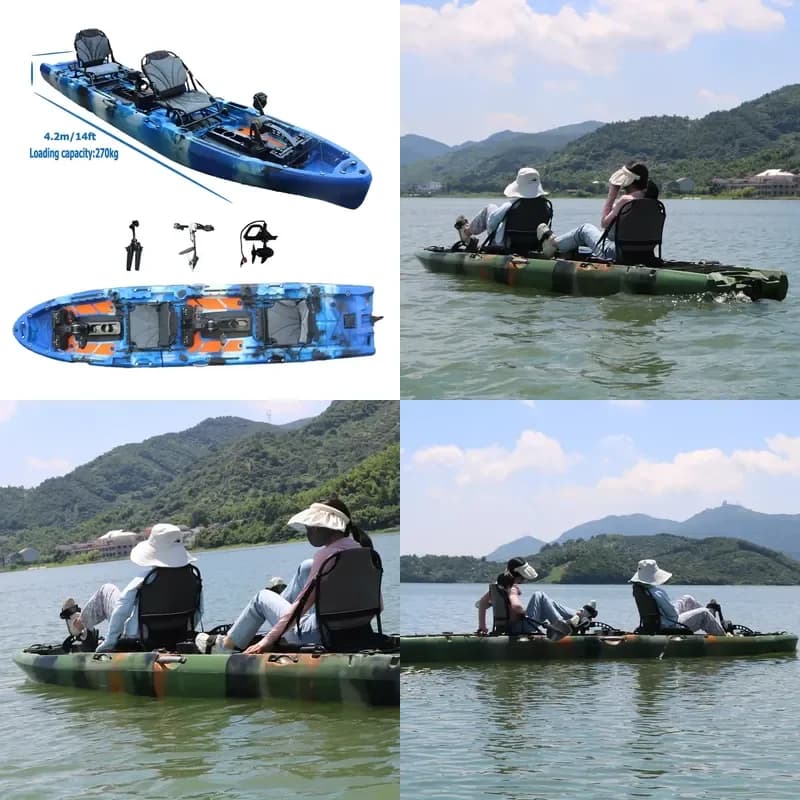 14FT 2Person Tandem Propeller Pedal Drive Kayak Double Seats 4.2m with Electric Motor Fishing Boat Fin Canoe PE Motorized