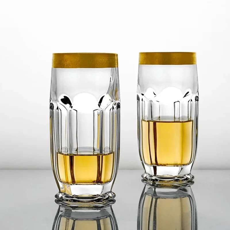 Whiskey glass, gold-painted crystal wine glass, wine glass