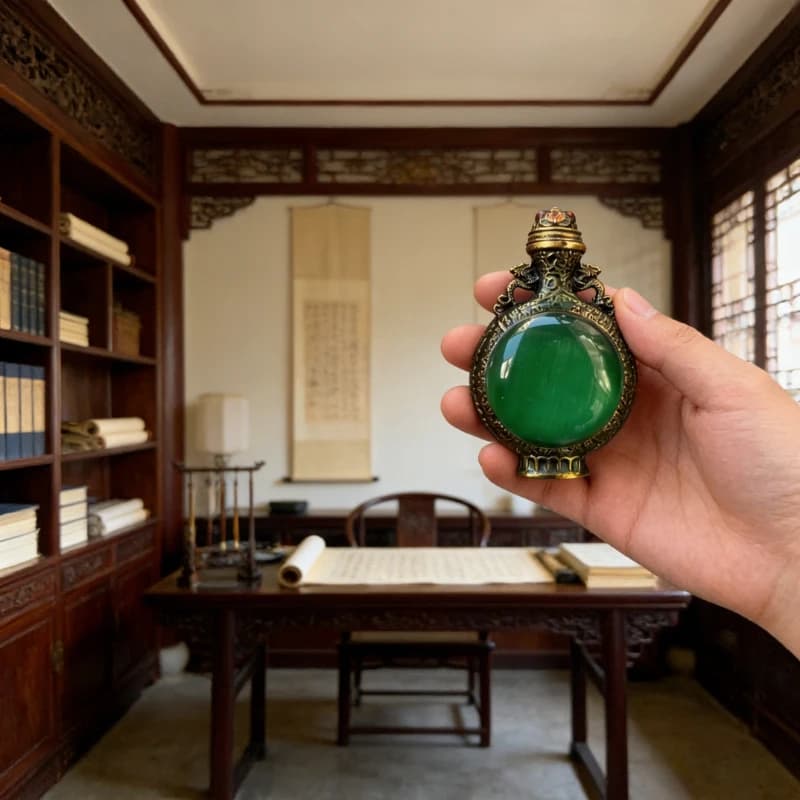 Antique Handmade Double-sided Copper Inlaid Emerald Snuff Bottle Handle