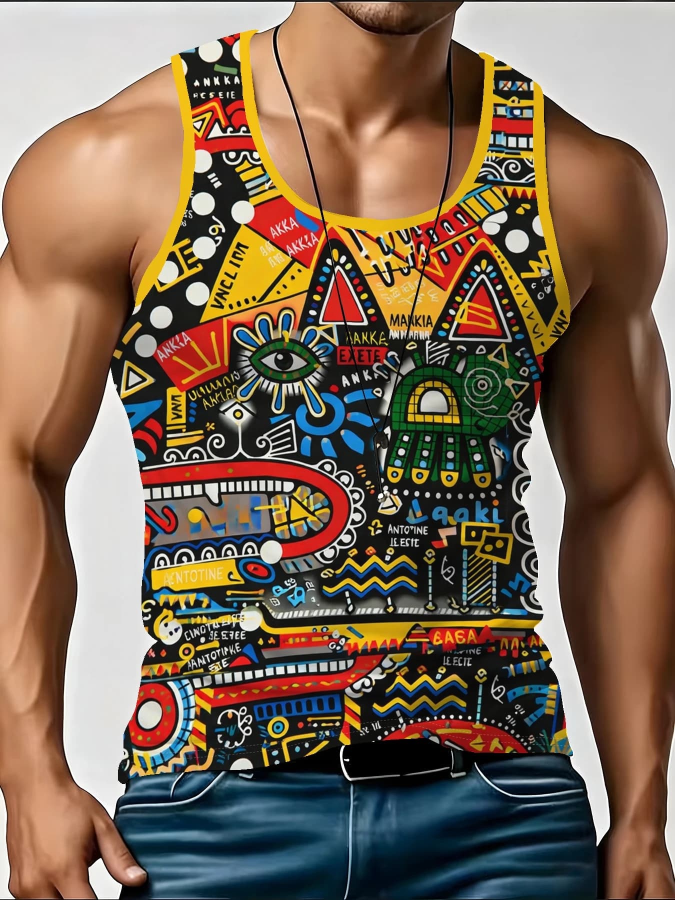 Men's Abstract Tribal All Over Print Tank Top Colorful Eye Geometric Sleeveless Muscle Vest Street Casual Workout Shirt
