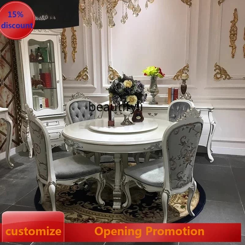 ss8350 French solid wood round dining table dining chair combination European court simple luxury carving