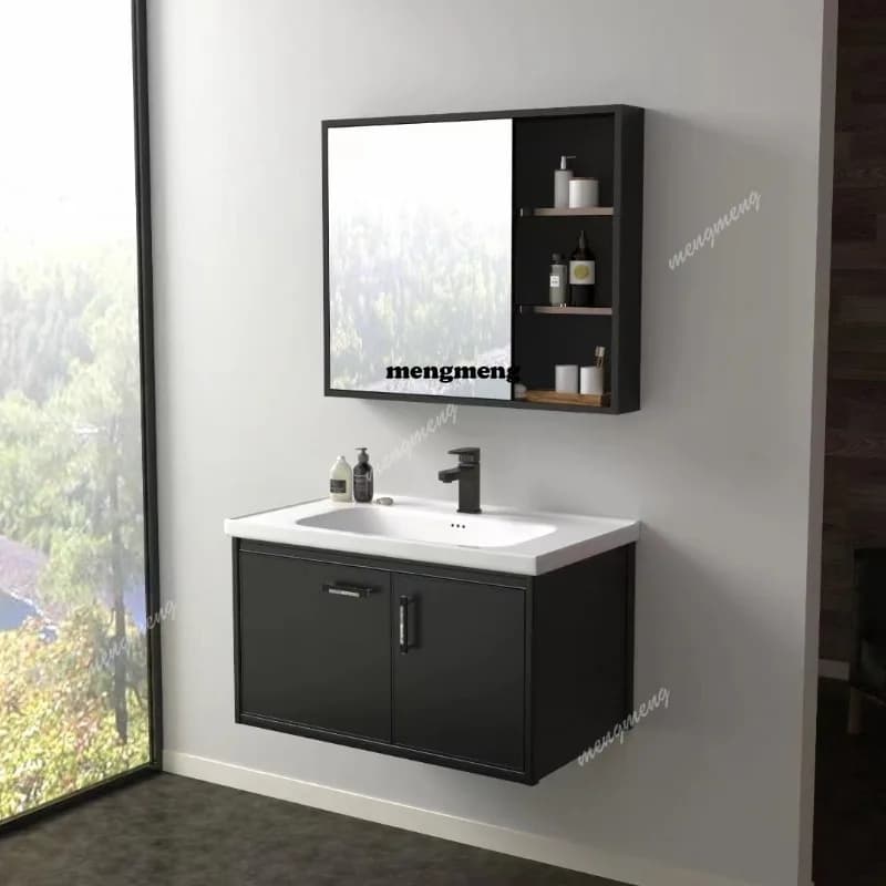 Black bathroom cabinet aluminum alloy combined integrated basin ceramic rock slab seamless basin