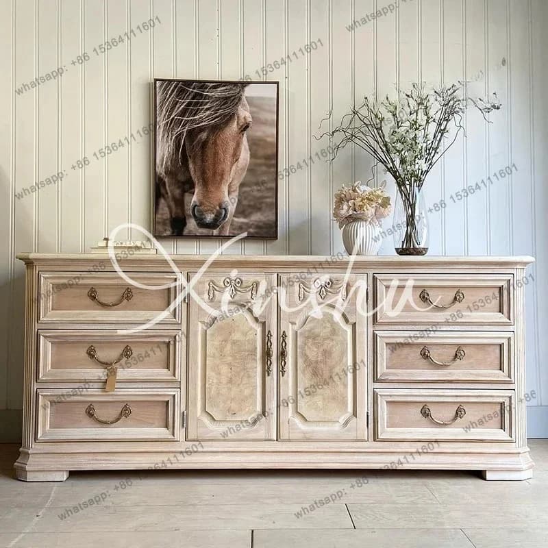 French Retro Solid Wood TV Cabinet Villa Living Room Storage Storage Integrated Cabinet American Household Dining Side Cabinet