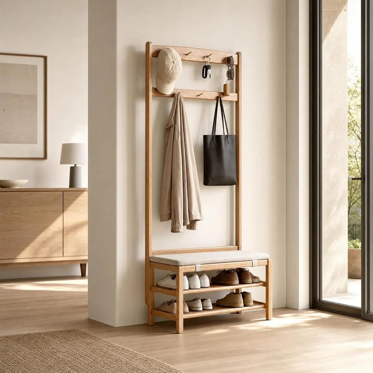 7 hooks, 2-tier shoe storage and a cushioned bench create a functional hall tree for organized entryways and mudrooms.