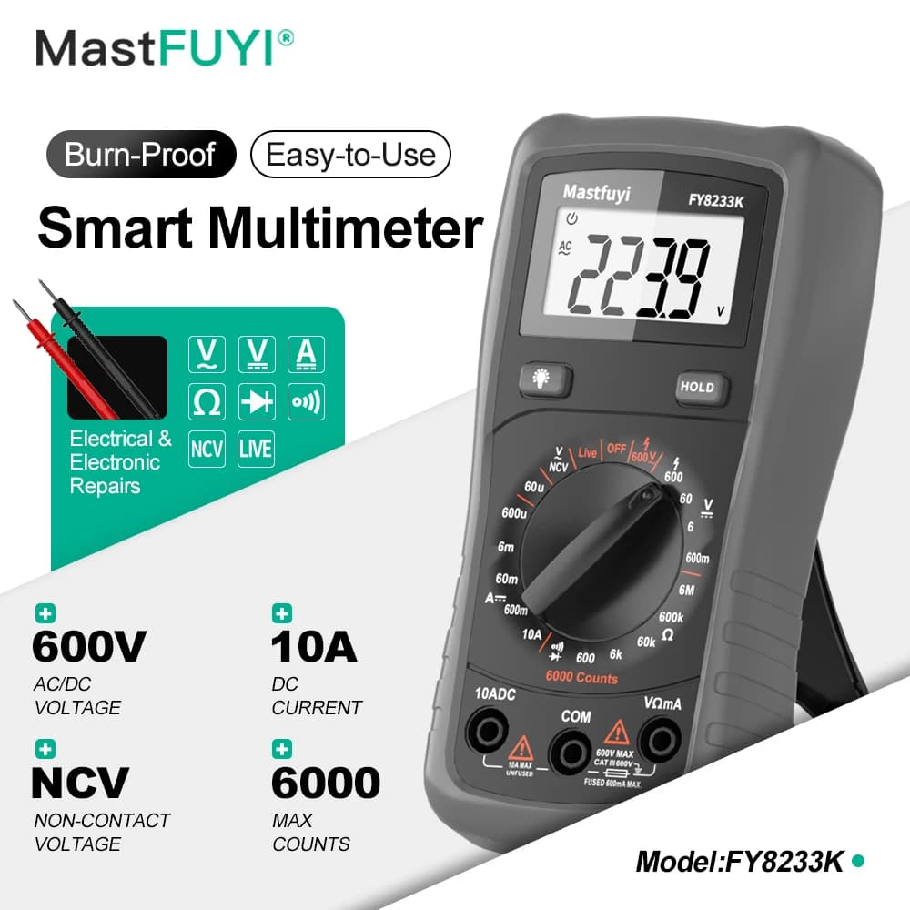 MASTFUYI Entry-Level Digital Multimeter 6000 Counts Easy-to-Use for Beginners Voltage/Current/Resistance Test NCV Detection Tool