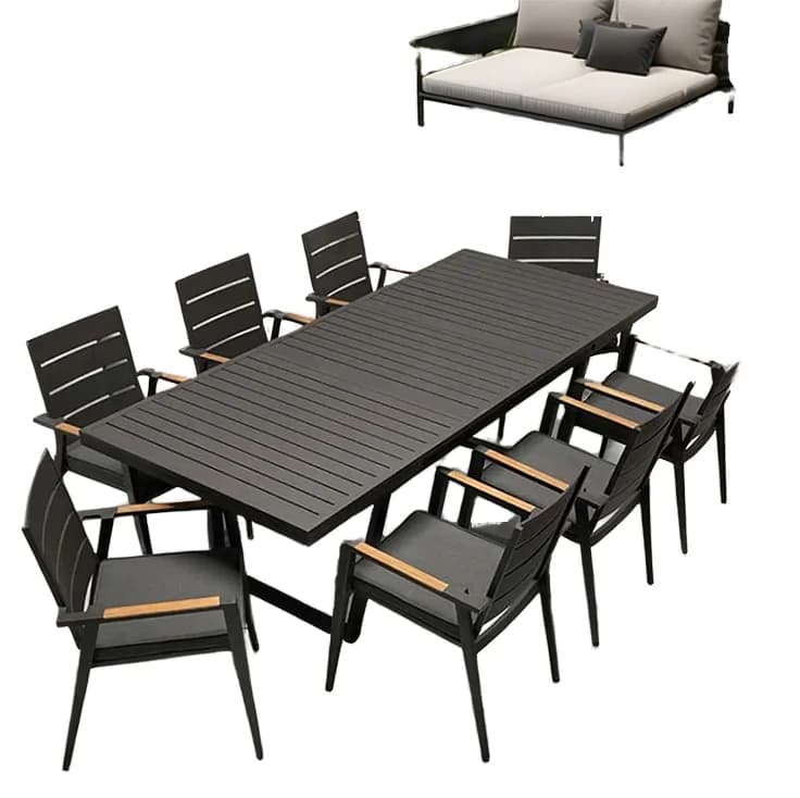 #Modern Patio Garden Dining Furniture Outdoor Restaurant Black Aluminum Frame Dining Table Set For 8 Seater Dining Armchair