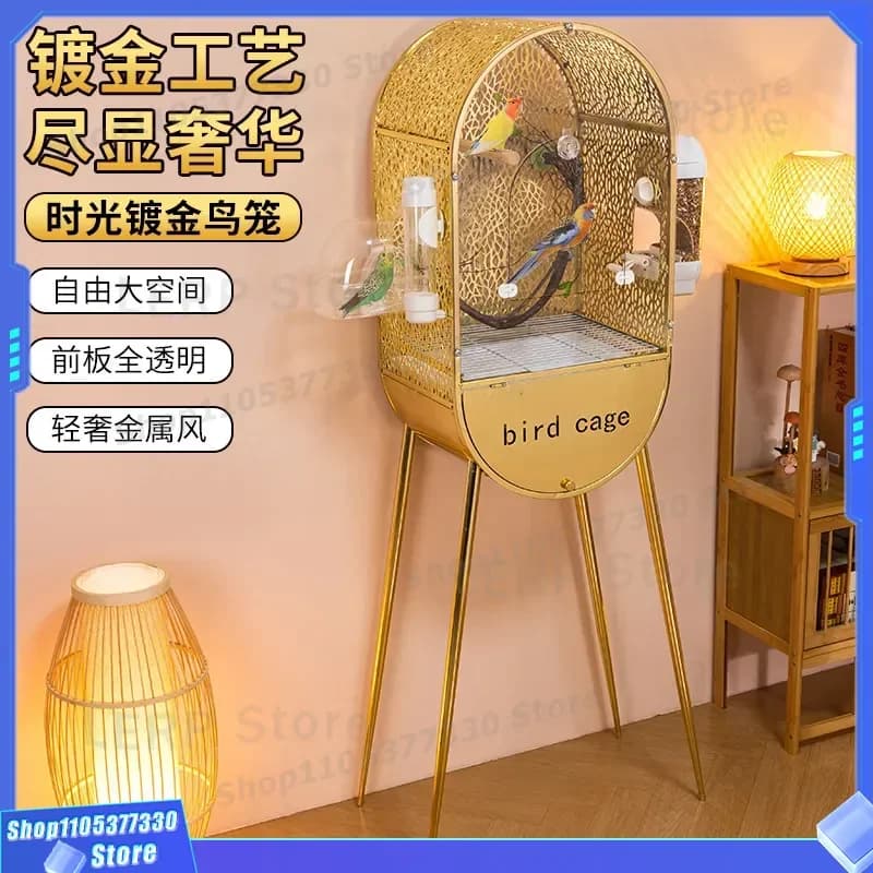 Luxury Golden Bird Cage Villa for Parrots Transparent Xuanfeng Peony Design Embroidered Eye Landscape Home Decor Wenniao