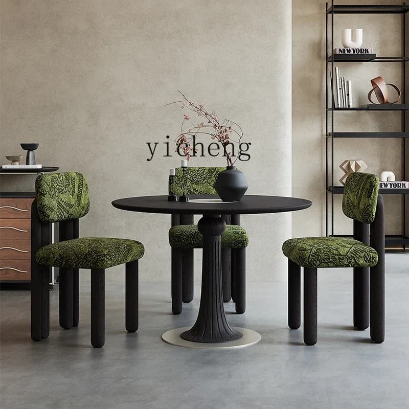 Simple Black Walnut Retro Solid Wood Round Restaurant Dining Table And Chair CombinationD25