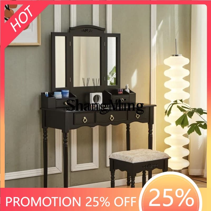 ZYY Modern Sophisticated Premium Sense Retro Dark Solid Wood Dresser with mirror with stool bedroom dressing dressing table