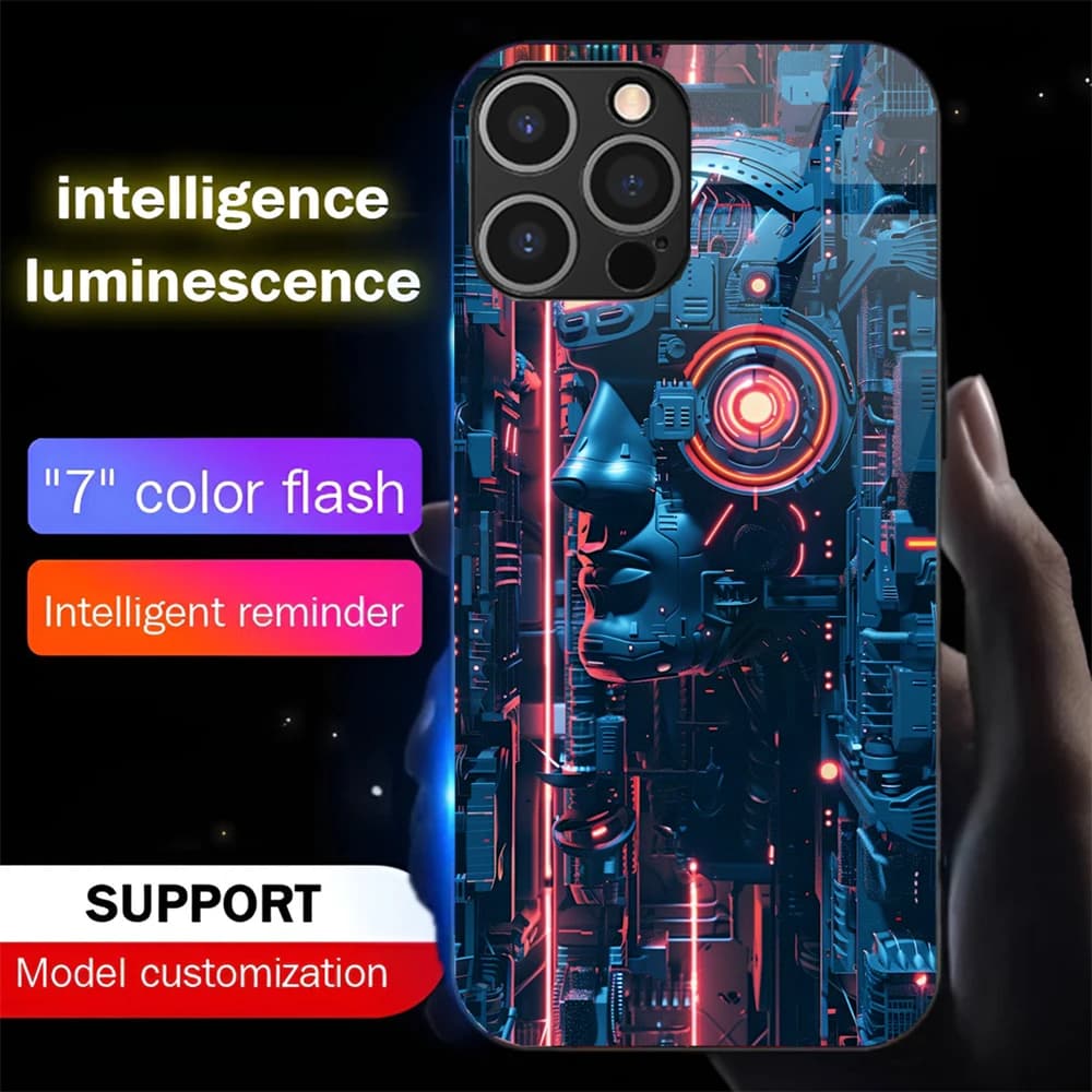 Future Brain Pattern Sound Control LED Flash Cases Luminous Glass Cover For iPhone Air 17 16 E 15 14 13 12 11 Pro Max XR XS Plus