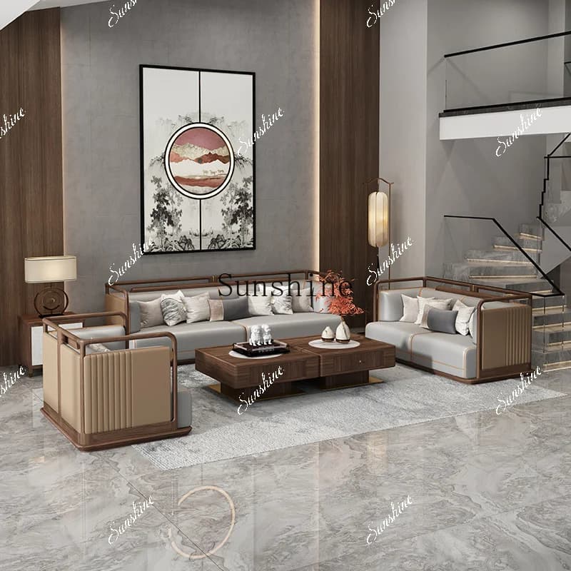 Light luxury new Chinese sofa solid wood living room leather art simple modern high sense  FT