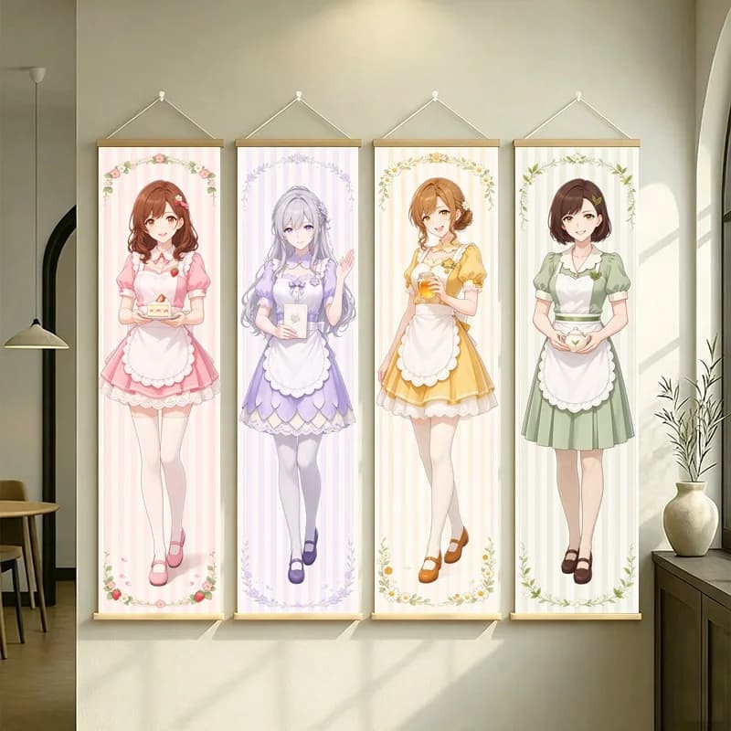 Anime Maid Girls Hanging Scroll with Pink Lavender Yellow and Green Dresses in Soft Floral Illustrations for a Bedroom