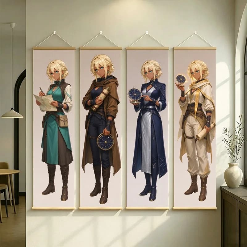 Blond Anime Fantasy Characters Hanging Scroll with Detailed Travel Outfits and Soft Neutral Backgrounds for a Reading Nook