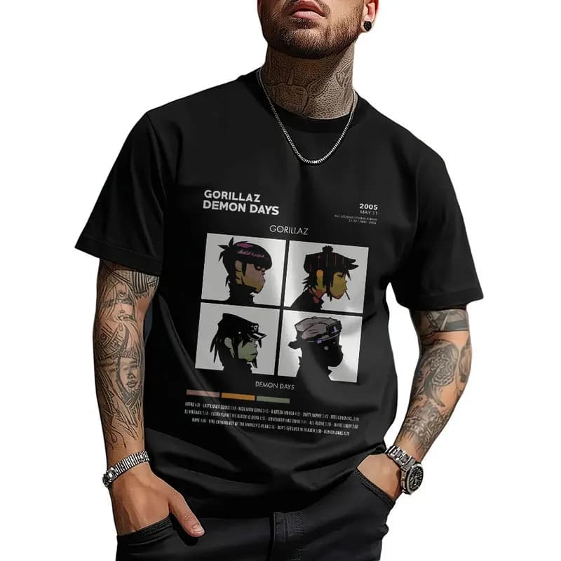 Gorillaz Virtual Rock Band Graphic T‑shirt Unisex Vintage Y2K Tee Hip Hop Streetwear 0824 Casual Cotton Tops S-6XL Fan Gift