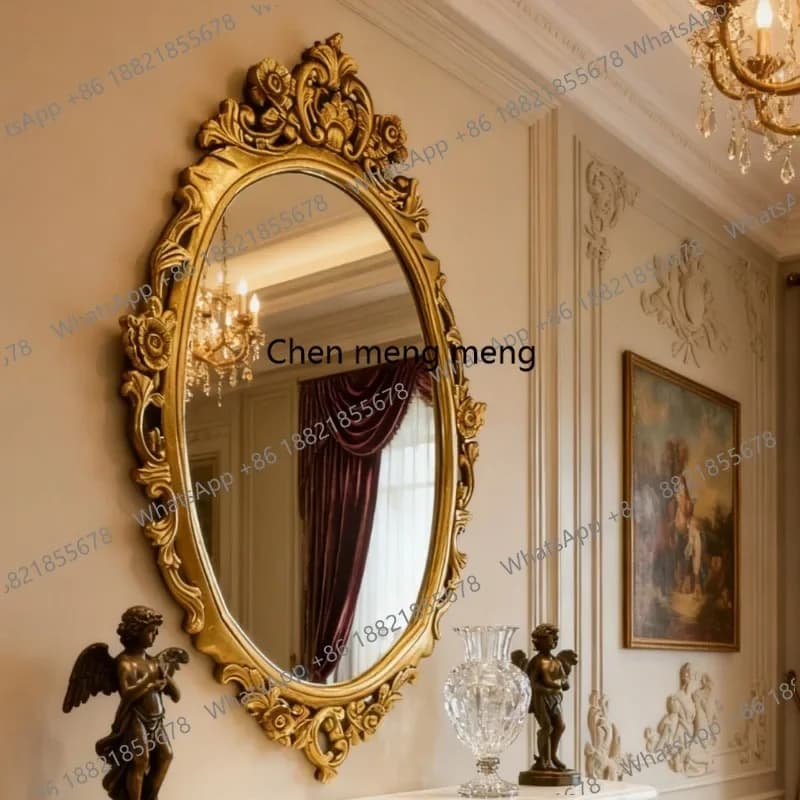 R American retro carved makeup mirror wall hanging bedroom, French living room wall, decoration, bathroom mirror