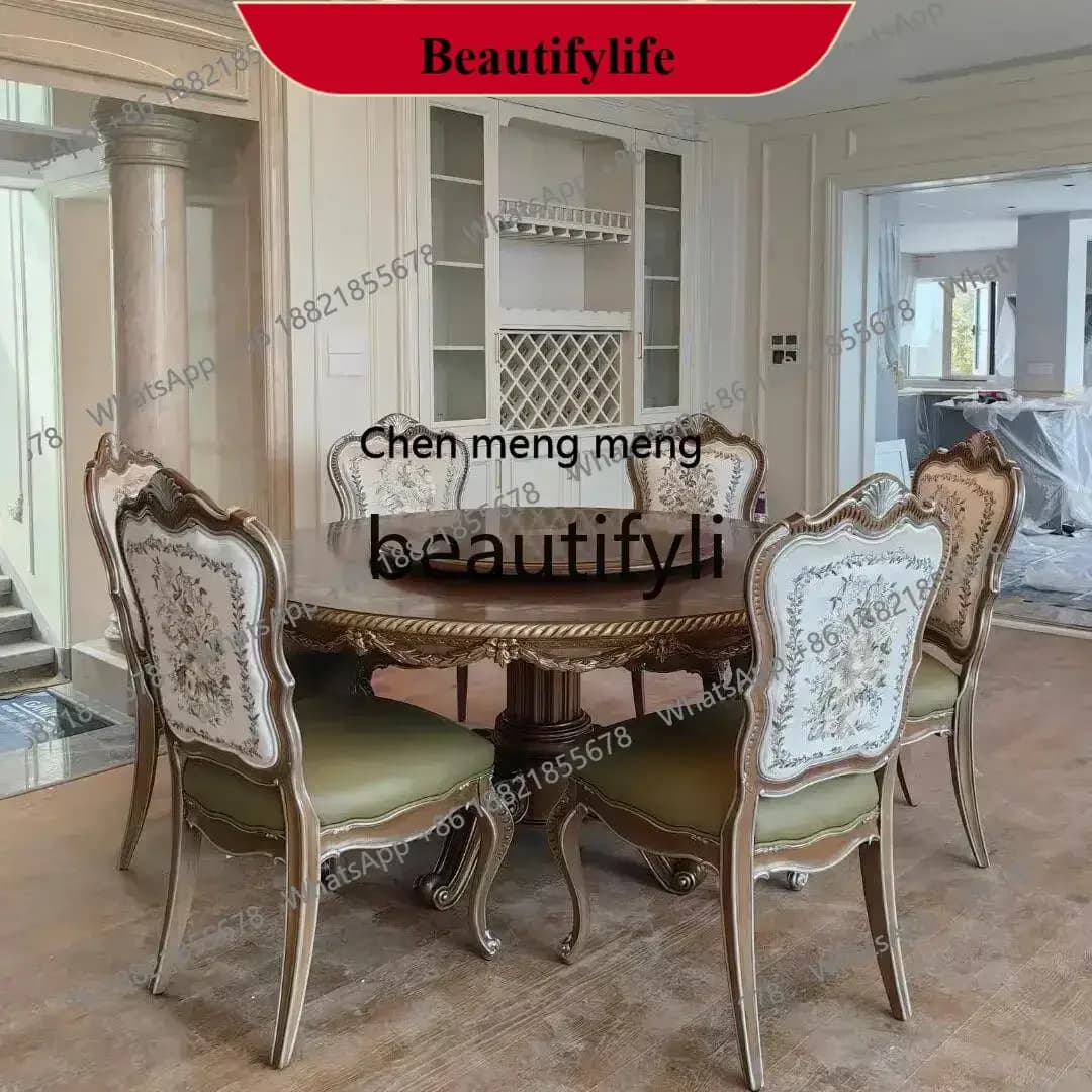 z183 A55 Solid wood carving flower round dining table French court light luxury dining chair European style