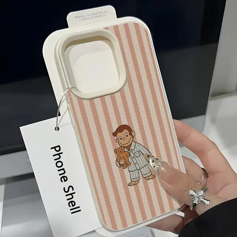Pink Striped Animal Monkey Case For Samsung A05S A06 A07 A15 A16 A17 A34 A35 A53 A54 A55 S23 S24 FE S25 Ultra A26 A36 A56 Cover