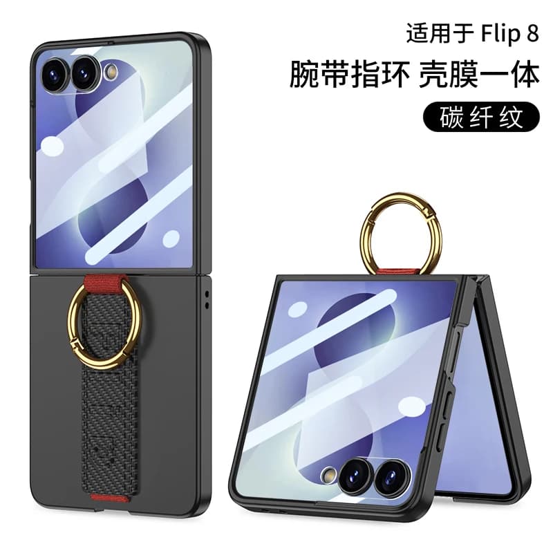For Samsung Galaxy Z Flip 8 Case Ultra-Thin Skin-Friendly Matte Wrist Strap Ring Bracket With Mirror Film Shockproof Back Cover