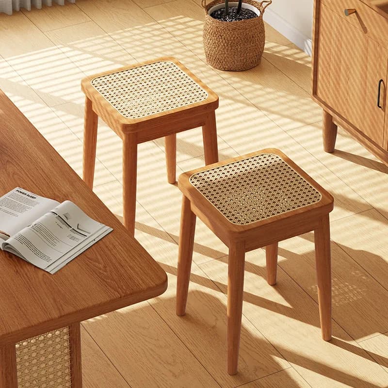 Rattan stool household stackable medieval square stool dining table bench spare breathable dining stool simple high chair